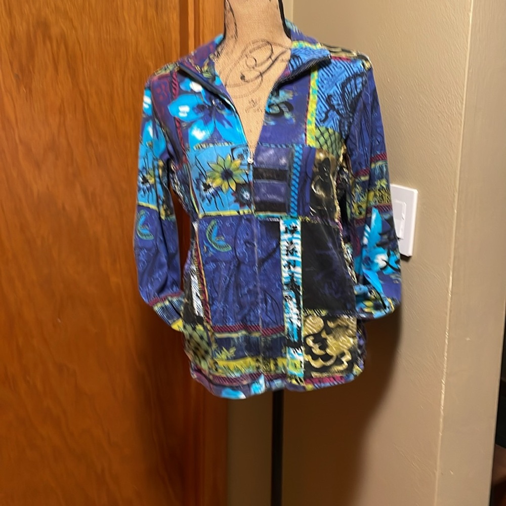 Chico's Blue and Green Cotton Floral Knit Casual Jacket  Size 0/Extra Small/4